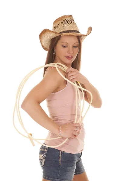 Woman cowgirl hat rope on shoulder — Stock Photo, Image