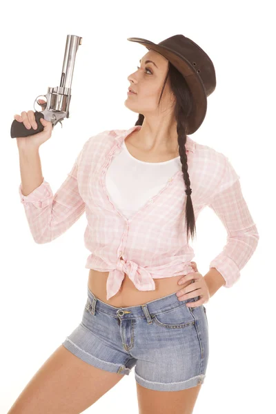 Mujer rosa camisa a cuadros pistola mirada lado —  Fotos de Stock