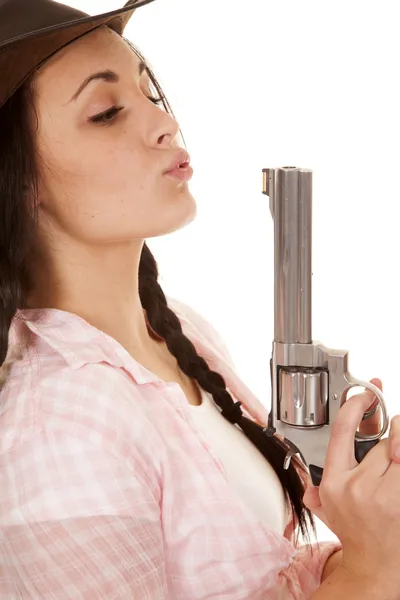 Woman plaid pink shirt gun woman plaid pink shirt gun blow close — Stock Photo, Image