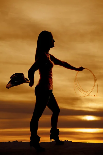 Silhouette donna cappello cowgirl dietro la schiena — Foto Stock