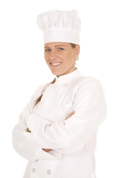 Mulher chef braços dobrados sorriso — Fotografia de Stock