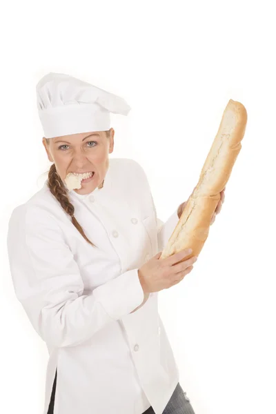Mujer chef pan comer —  Fotos de Stock