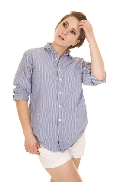 Blue striped shirt woman hand head — Stock Photo, Image