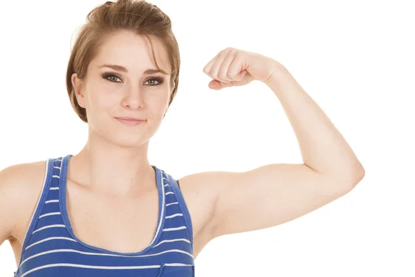 Woman blue striped tank fitness flex close — Stock Photo, Image