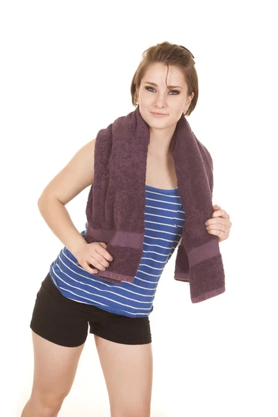 Woman blue striped tank fitness towel smile — Stock Photo, Image