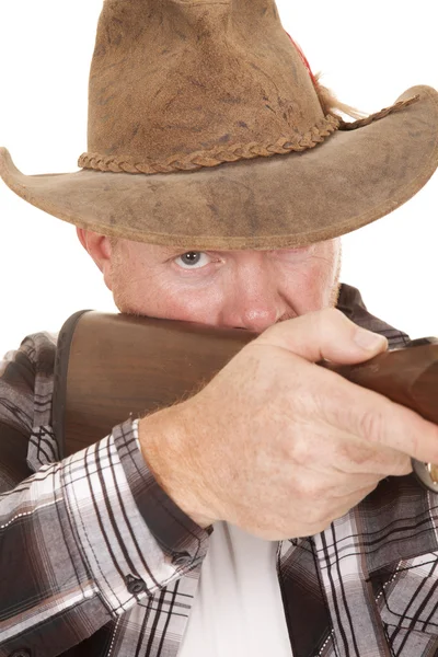 Kovboj chapsy zbraň cílem zblízka — Stock fotografie