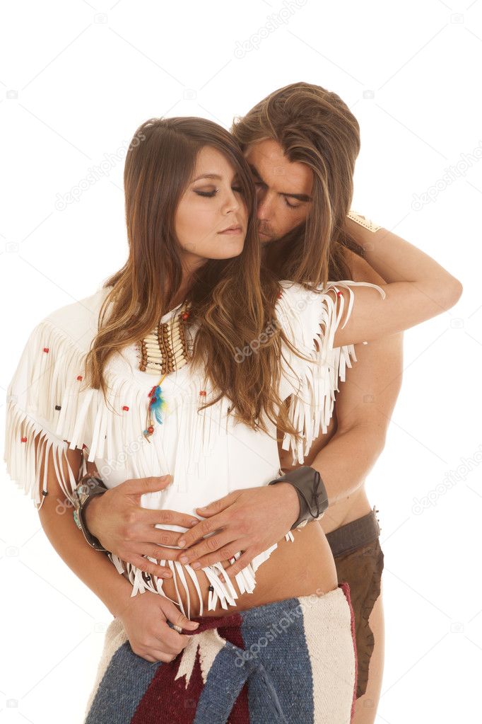 couple long hair man behind Native american woman eyes closed