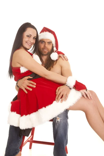 Santa couple sit on lap smile — Stock Photo, Image