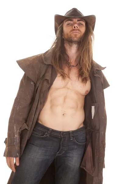 Cowboy duster long hair no shirt looking — Stock Photo, Image