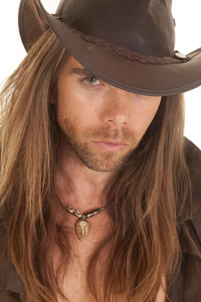 Cowboy long hair close serious — Stock Photo, Image