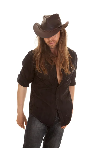 Cowboy long hair eyes hidden — Stock Photo, Image