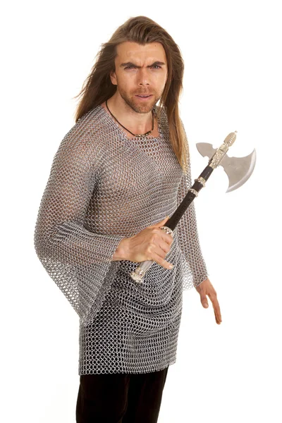 Man chain mail axe hold up — Stock Photo, Image