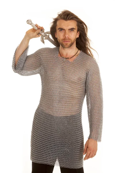 Man chain mail sword behind neck — Stock Photo, Image