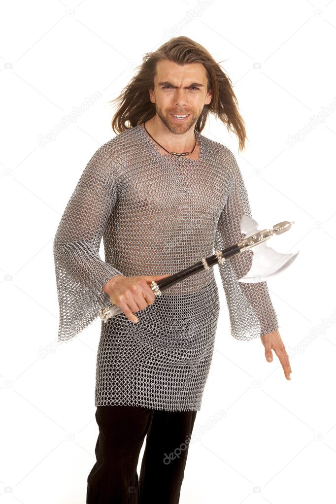 man chain mail axe hold in front
