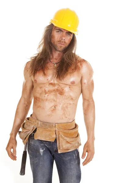 Man dirty hard hat tool belt — Stock Photo, Image