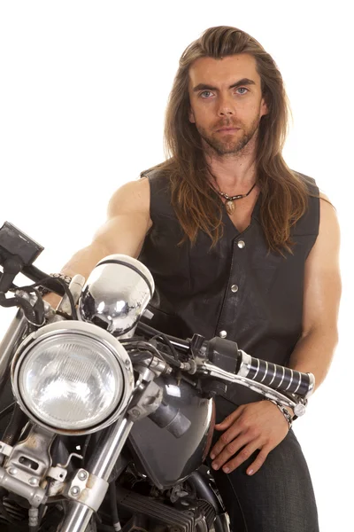 Man leather vest motorcycle close serious — Stock Photo, Image