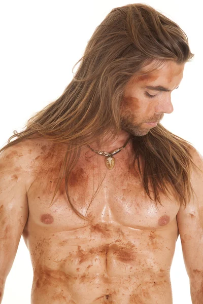 Man no shirt look down muddy — Stock Photo, Image