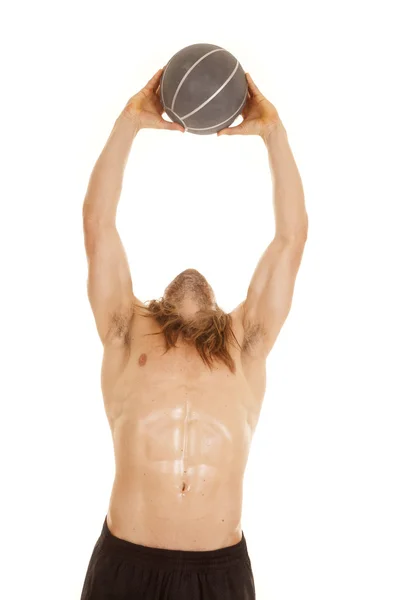 Man no shirt muscles medicine ball up — Stock Photo, Image