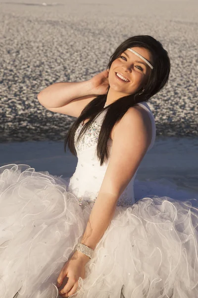 Woman formal dress ice land smile close — Stock Photo, Image