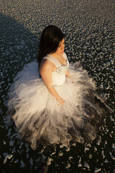 Kadın resmi elbise buz üstten görünüm yan bakmak — Stok fotoğraf
