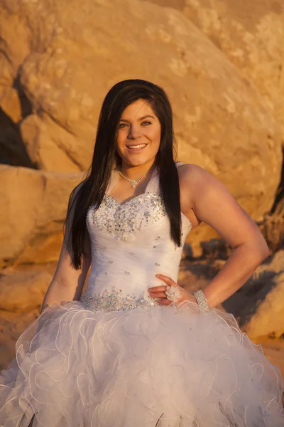 Woman formal rocks close smile — Stock Photo, Image