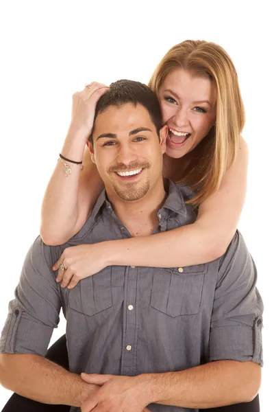 Woman on mans back laugh — Stock Photo, Image
