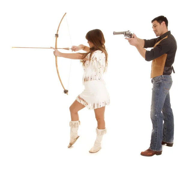 Cowboy and Indian woman guna nd bow — Stock Photo, Image