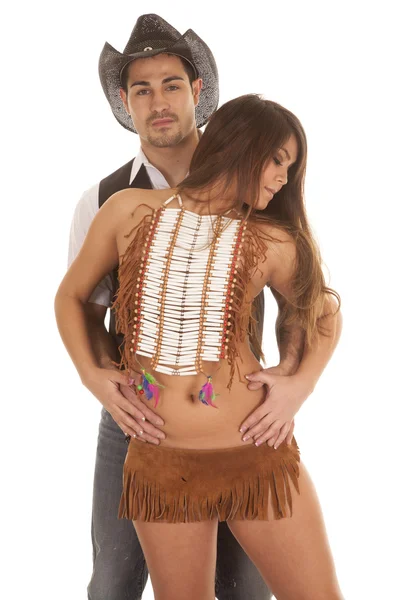 Cowboy and Indian woman her in front hands belly — Stock Photo, Image