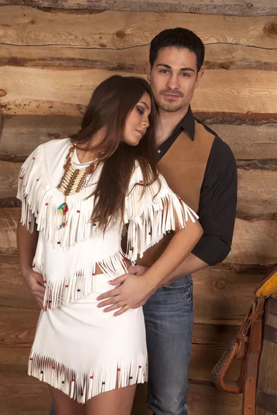 Cowboy and Indian woman hold waist look down — Stock Photo, Image