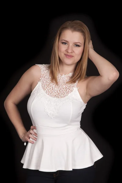 Woman white shirt on black hand hair smile — Stock Photo, Image