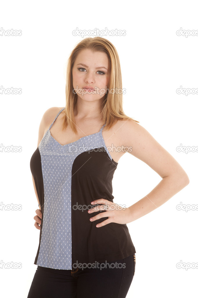 woman blue black top hands hips