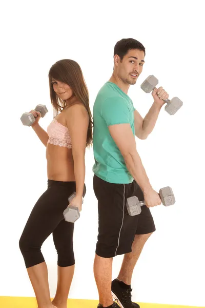 Fitness couple lace bra curls looking — Stock Photo, Image