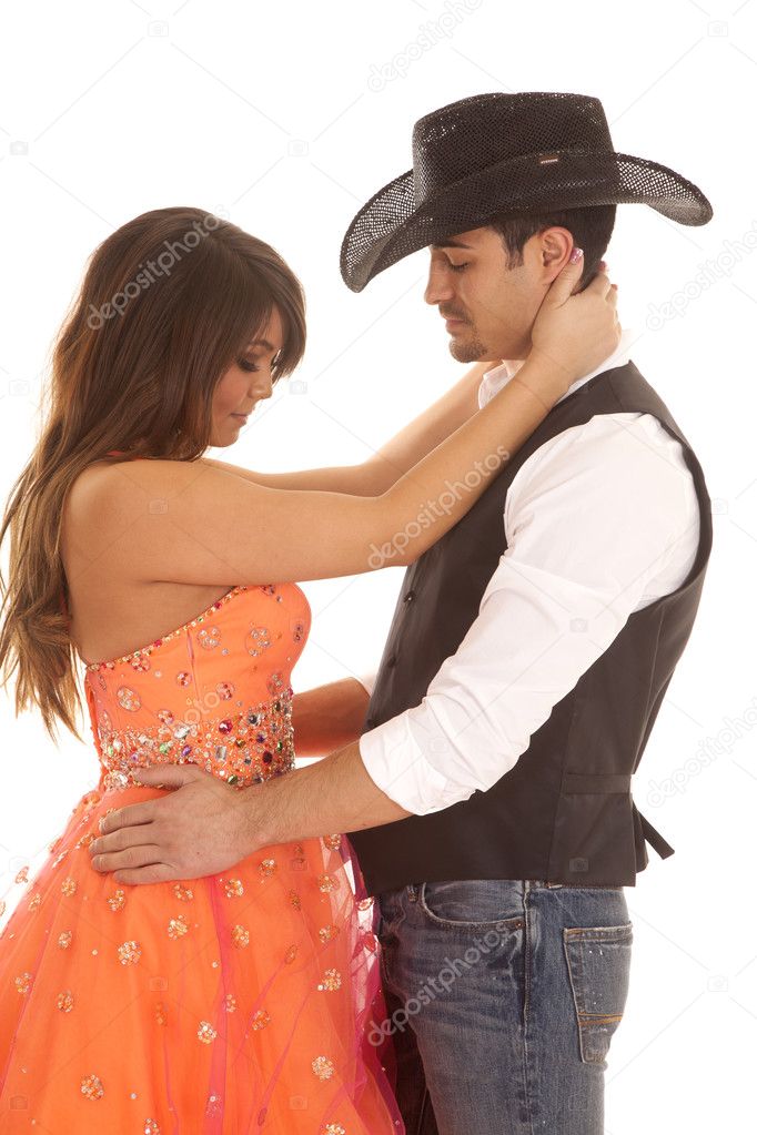 cowboy woman orange dress arms neck and waist