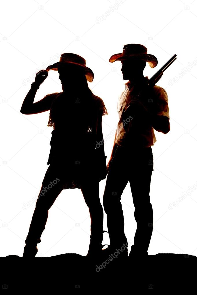 silhouette cowboy cowgirl gun look side