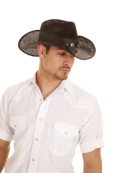 Cowboy zwarte hoed witte shirt blik kant — Stockfoto