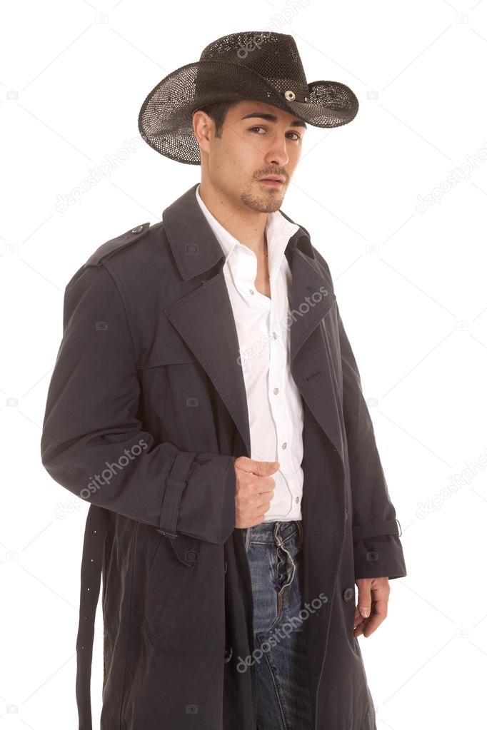 cowboy in coat serious look