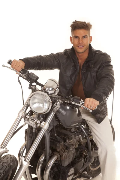 Man leather jacket on motorcycle sit happy — Stock Photo, Image