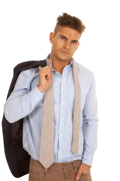 Man suit coat over shoulder look serious tie undone — Stock Photo, Image