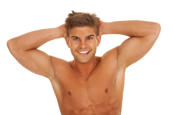 Strong man smile hands behind head — Stock Photo, Image