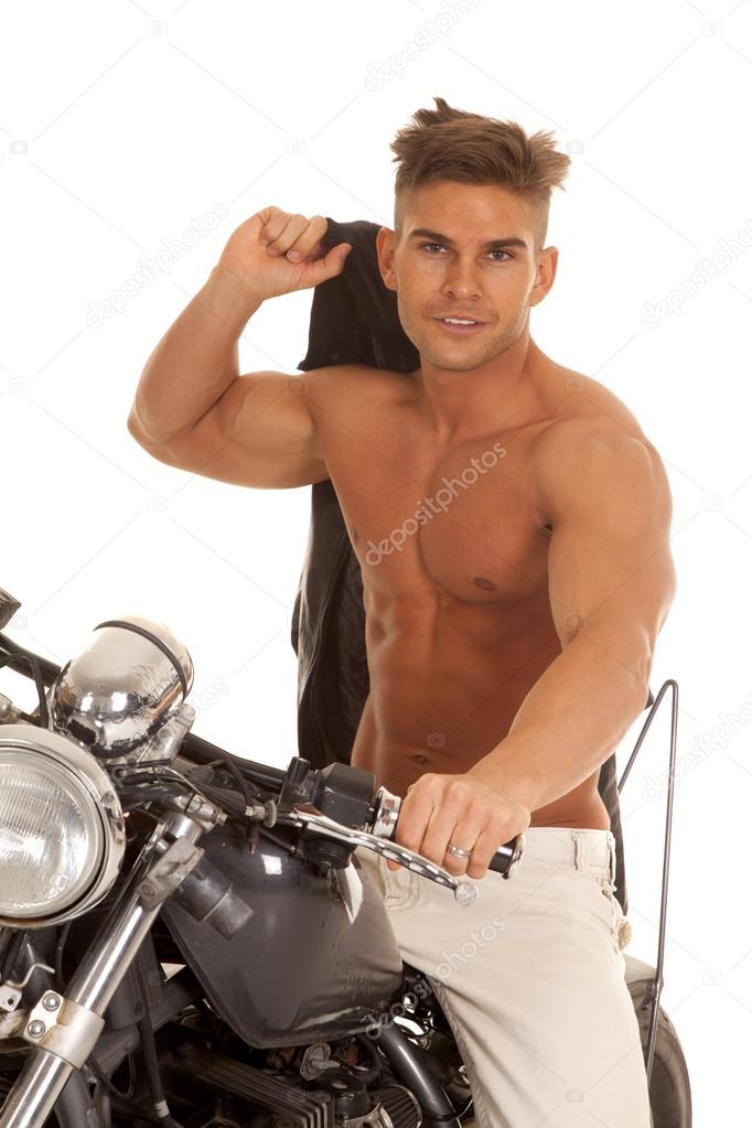 man no shirt jacket over shoulder on motorcycle