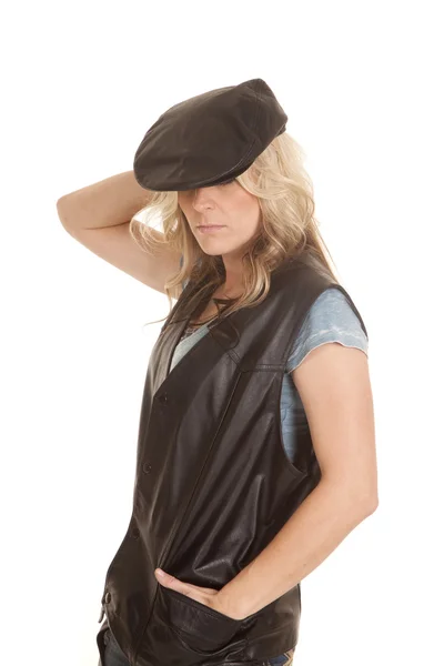 Woman leather eyes behind hat — Stock Photo, Image