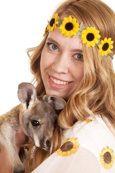 Woman sunflowers headband close baby kangaroo — Stock Photo, Image