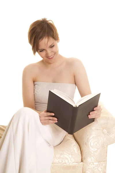 Latin woman white dress book smile — Stock Photo, Image