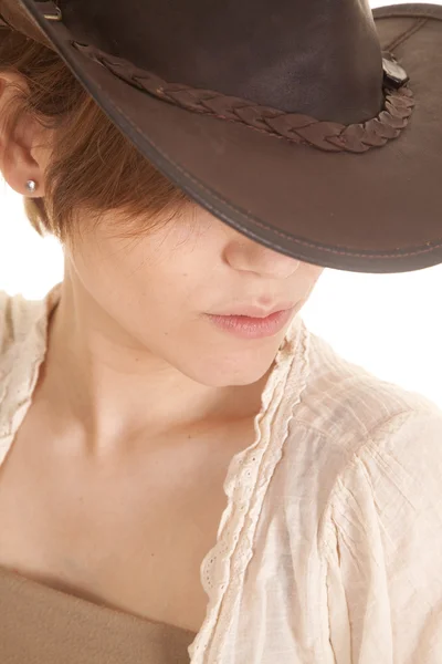 Latin woman close eyes behind hat — Stock Photo, Image