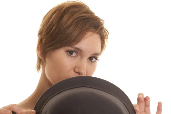 Latin woman hat face behind it — Stock Photo, Image