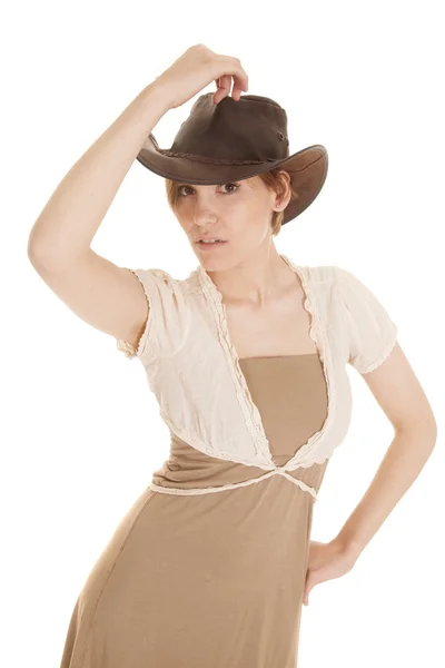 Latin woman light dress hat hand up look — Stock Photo, Image