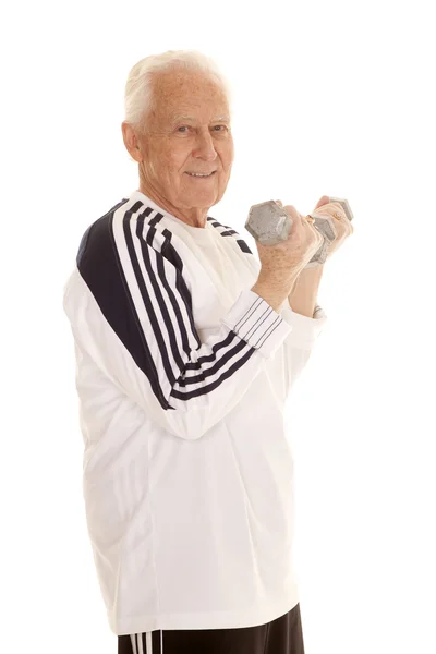 Elderly man fitness weights curl — Stock Photo, Image