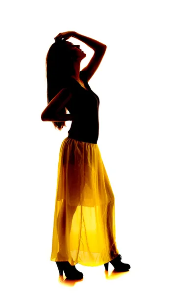 Silhouette woman see through skirt hand hair — Stock Photo, Image