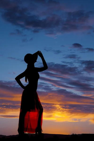 Silhouette woman see through skirt hand hat — Stock Photo, Image