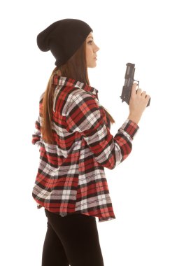 bere ve ekose gömlek stand yan kadın